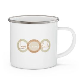 Enamel Camping Mug, Love Never Fails, Pastel Brown Beige Green Tri Circular Shapes - 12oz