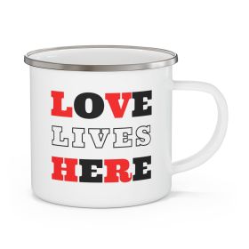 Enamel Camping Mug, Love Lives Here Christian Red Black Illustration - 12oz